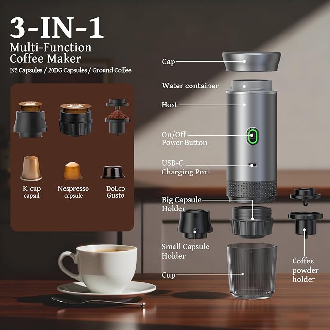 Portable coffee Maker, Electric Espresso Machine for Travel, 7500mAh Battery Capacity USB-C Rechargeable, Compatible with Ground Coffee & NS Capsules