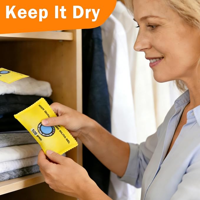 FURWEY 100g (6 Packs) Rechargeable Desiccant Packs for Storage, Color Indicating Silica Gel Desiccant Packets, Moisture absorbers for storage,Dehumidifier bag for Closets,Cars,Storage Bins