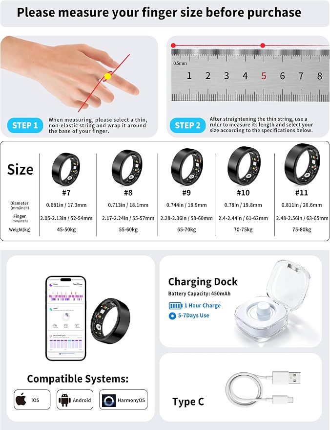 Smart Ring for Women Men Fitness Tracker Heart Rate Sleep Trends 128 Sports Modes Gesture Control Cycle Tracking IP68 Waterproof No Subscription Compatible with iPhone Android (Black, Size 8)