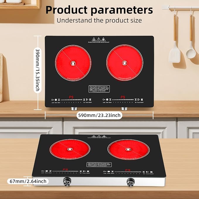 Electric Cooktop,110V 2500W Electric Stove Top with LED Knob Control,9 Power Levels, Kids Lock & Timer,Overheat Protection stove,24 Inch 2 burner cooktop