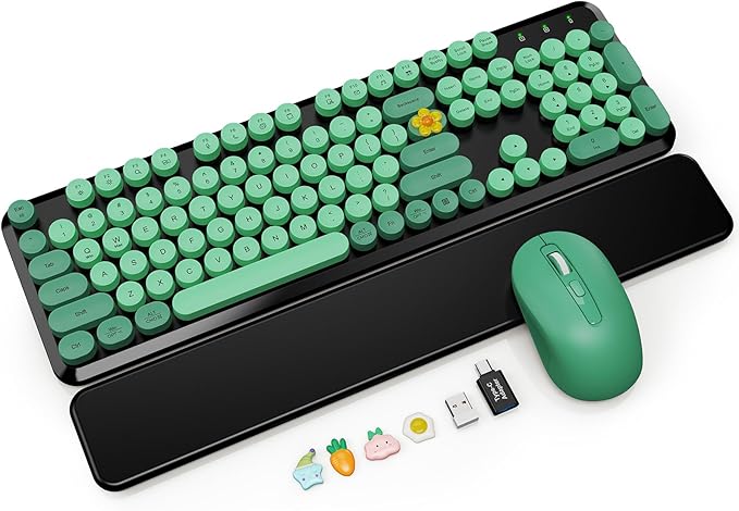 Wireless Keyboard and Mouse Combo with Magnetic Wrist Rest, Round Keycaps, Full-Size Retro Typewriter-Style Keyboard, Tilt Legs, Auto-Sleep, 2.4GHz Wireless for Windows PC Laptop, Forest Green & Black