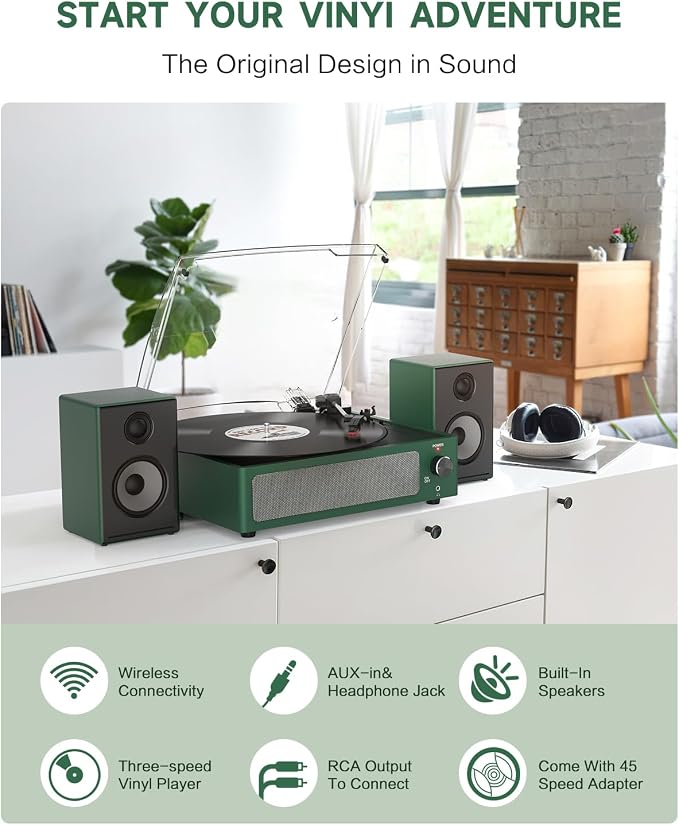 Vinyl Record Players Turntable with Speakers Wireless Receiver 3 Speed RPM LP Phonograph Belt-Driven Headphone AUX RCA Auto Stop All-in-one Turn Table for Beginners Collectors Grass Green