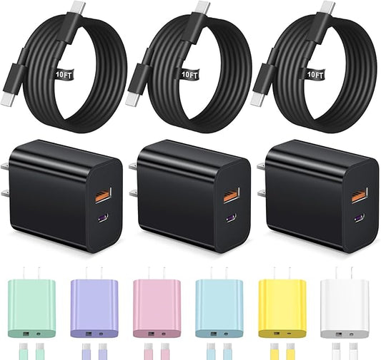 iPhone 17 16 15 Charger Fast Charging USB C Charger Block Type C Chargers Charging Block with 3 Pack 10FT Cable for iPhone 17/17 Plus/17 Pro Max/16/16 Plus/16 Pro Max/15 Pro Max/iPad Pro(Black)