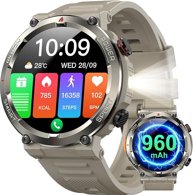 Military Smart Watch for Men-100-Day Long Battery Life,Fitness Tracker with LED Flashlight/Compass,120+ Sports Modes,IP68 Waterproof,Heart Rate Monitor,Bluetooth Call Smartwatch for iOS Android(Khaki)