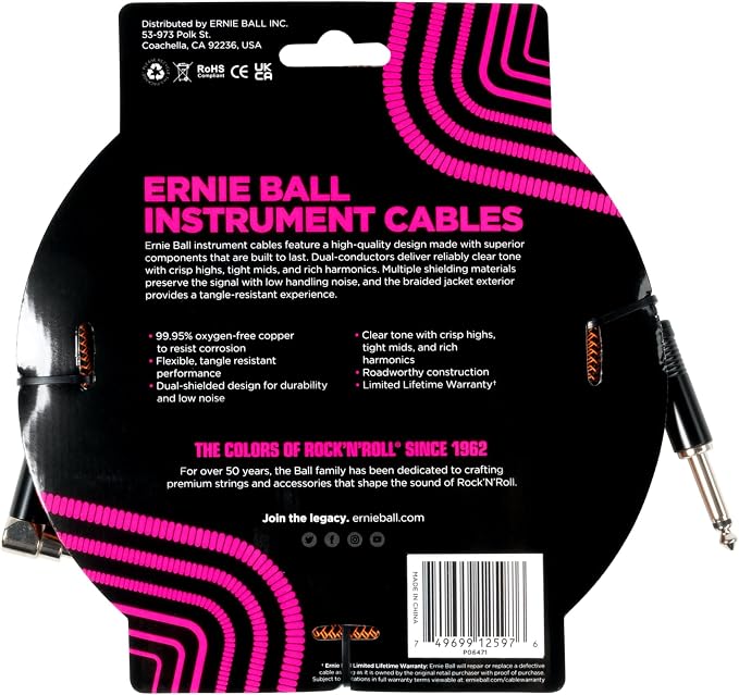 Ernie Ball Braided Instrument Cable Straight/Angle 18ft - Pumpkin Pie
