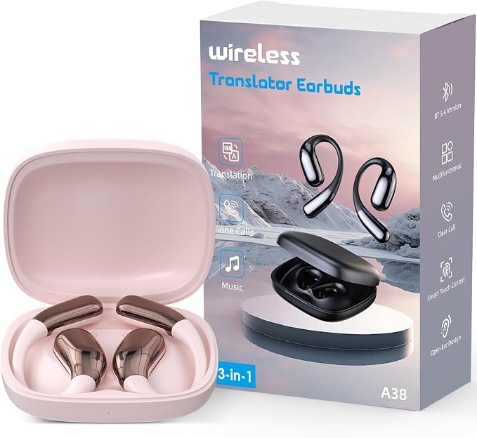 AI Language Translator Earbuds, Translation Earbuds Real Time, 3-in-1 Earbud Translator 144 Languages & Accents, Translation Headphones Fit iOS & Android for Travel Business Learning (A38 Pink)
