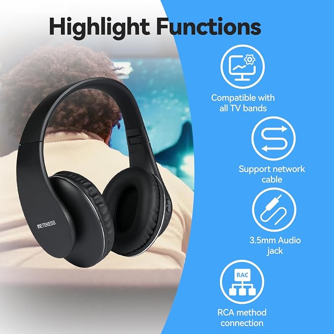 Retekess TA005P Wireless Headphones for TV Watching, TV Headphones with Transmitter, One-Touch Mute,Support AUX, RCA and Optical Input, TV Headphones Wireless for Seniors