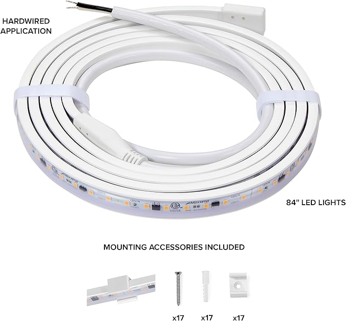 Maxxima 84 in. Hardwired LED Under Cabinet Strip Light, 3220 Lumens, 3000K Warm White, Kitchen and Living Room 120V White Cove Lighting, No Power Supply Needed