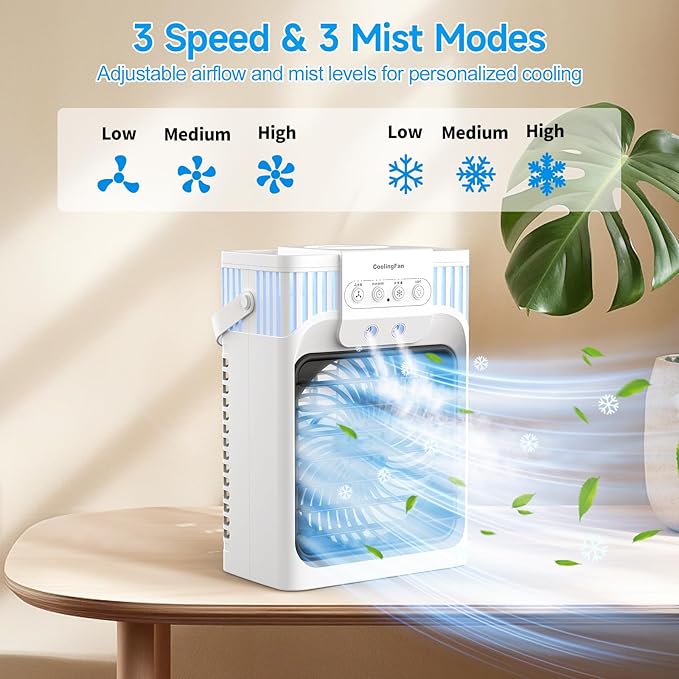 Portable Air Conditioners, 4-IN-1 Personal Evaporative Air Cooler with Remote, 3 Speeds & 3 Mist, 7-Color Night Light, 2-8H Timer, 1200ML Mini Air Conditioner Cooling Fan for Bedroom Office Home
