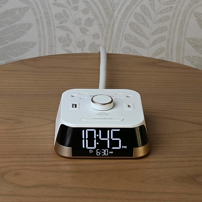Brandstand | CubieTime White | User Friendly & Convenient Charging Alarm Clock | 1 USB-A and 1 USB-C | 2 Tamper Resistant Outlets | Safety Tested- Meets UL Standards