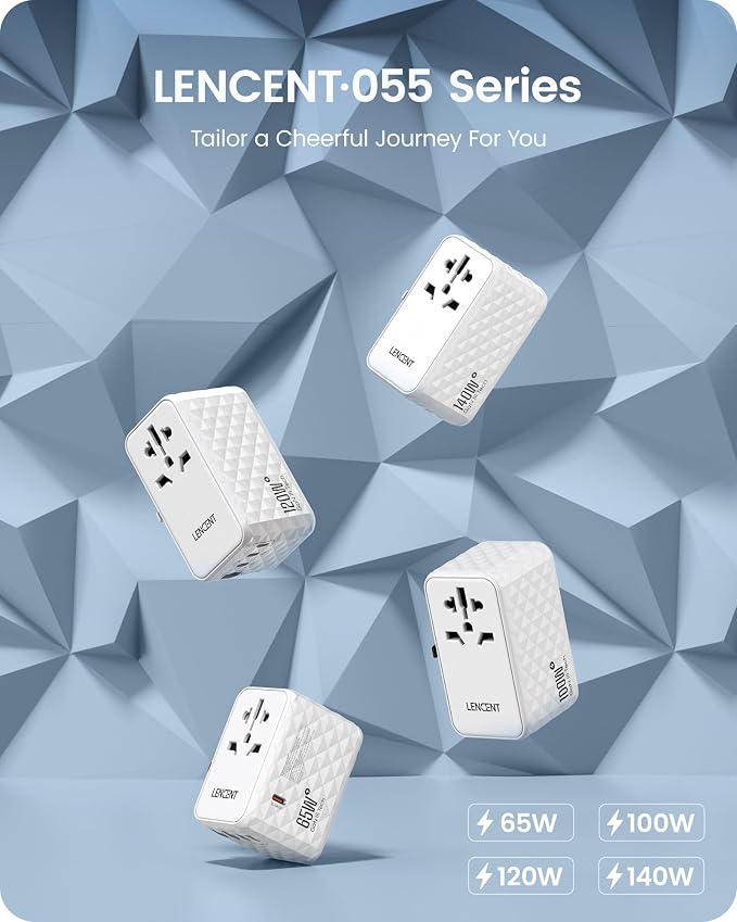 LENCENT 140W International Travel Adapter, GaN Universal Travel Adapter with 1 USB-A & 3 Type C Power Converter, Fast Charger for Phone,Laptops, Worldwide Plug Outlet for USA/UK/EU/AUS, White