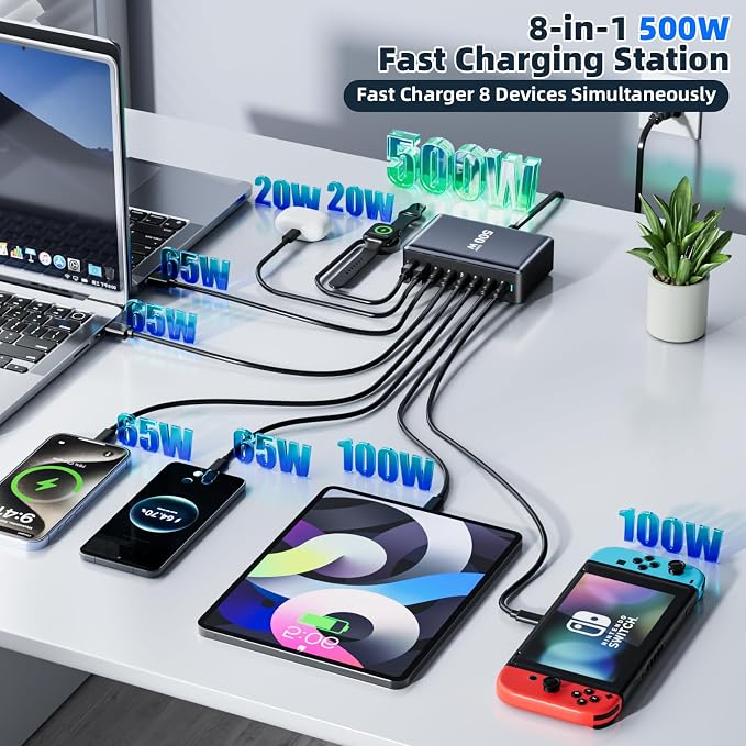 500W Fast Charging 8 Port USB C Charger Block with Nylon Fast Charging Cable, Multi-Device Charging Station Wall Desktop Charger with GaN Ⅲ Technology, USB-C Charger Adapter for MacBook/iPad/iPhone 17