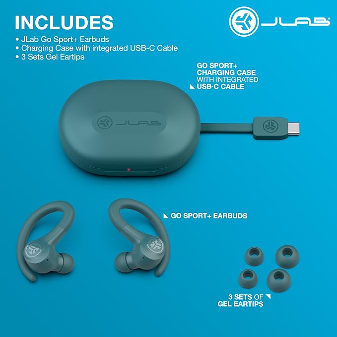 JLab, Go Sport+, True Wireless Workout Earbuds, Bluetooth Sport Earbuds, Clear Calling, Teal