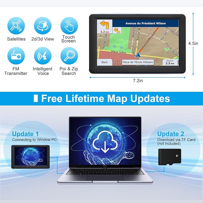 7" GPS Navigator for Car Truck RV, Car GPS Navigation System with 2026 Maps, Lifetime Free Updates, Voice Guidance, Speed & Red-Light Camera Alerts, Custom Truck Routing (Blue)