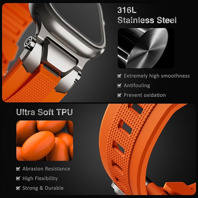 ULTIMAL Rugged Band for Apple Watch Ultra 3/2/1 49mm, Series 11/10/9/8/7/6/5/4 SE 46mm/45mm/44mm, Waterproof, Soft TPU Strap with Stainless Steel Buckle & Connectors, Sweat-Resistant, Easy to Clean, Fits 155-225mm Wrist (Titanium/Orange)