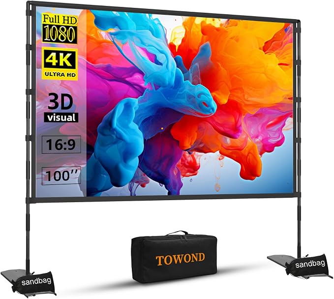 TOWOND Projector Screen and Stand, 100 inch Outdoor Projector Screen Indoor, Portable Movie Screen 16:9 4K Front Rear Projection Screen with Carry Bag Wrinkle-Free Design for Home Backyard Theater