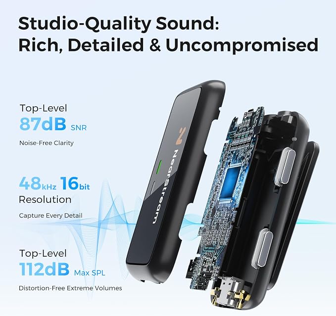 NearStream Wireless Lavalier Microphones with Noise Cancellation, 7H Battery Life, 656ft Transmission, LCD Display, Wireless Lapel Microphone for iPhone/Android/DSLR/Camera/Stream/Podcast (AWM20D)