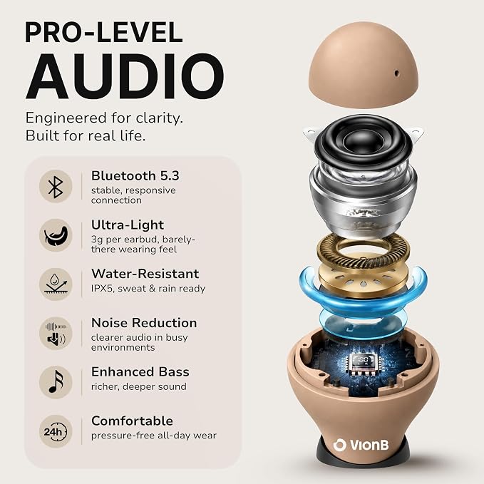 Air Skin Tones Invisible Earbuds for Small Ears - Wireless Bluetooth 5.4, Skin-Matching Mini Stemless Ear Buds, IPX5 Waterproof, ENC Noise Cancelling (Soft Sand)