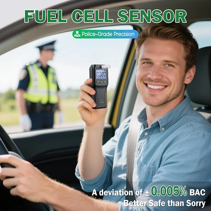 Breathalyzer, Alcohol Tester with Fuel Cell Sensor, Police-Grade Alcohol Breathalyzer Tester for Home Health Use, with 10 Mouthpieces (Black)