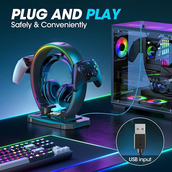 KDD Headset Stand with Charging Station & RGB Headphone Controller Stand with Cable Organizer