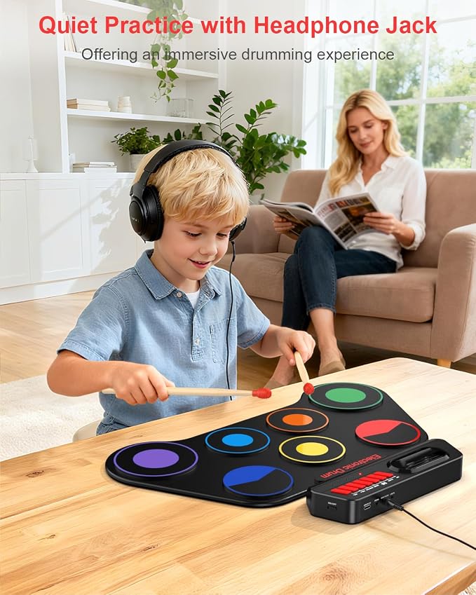 AiJoy Portable Electronic Drum Set Pads for Kids | Roll Up with 7 Pads, Built-in Speaker, Rechargeable Roll-Up, Headphone Mode & Demo Songs, Gift For Beginners & Children