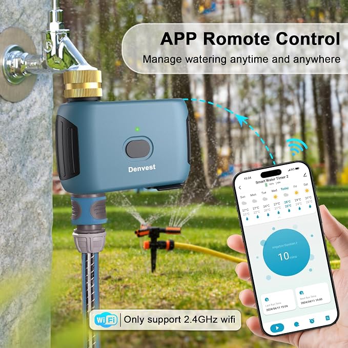 WiFi Water Timer with Brass Inlet, 1 Zone Smart Sprinkler Timer for Garden Hose Faucet, Hose Timers with Up to 20 Watering Plans, APP & Voice Control, Compatible with Alexa (2.4GHz Only)