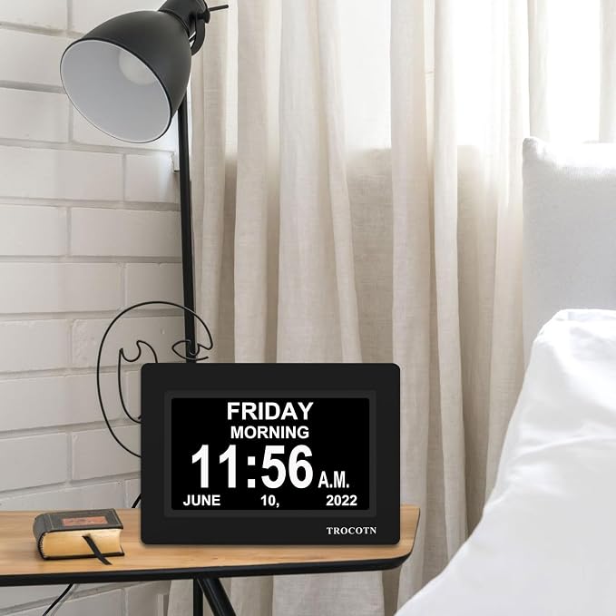 TROCOTN Dementia Clocks, Large Display Calendar Alarm Clock with Auto DST for Seniors, 5 Display Modes Large Font Digital Clock with Custom Alarms Day Date Clocks. (7 Inch Black)