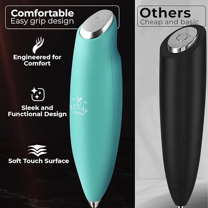 Zulay Kitchen Powerful Milk Frother Wand With Duracell Batteries - Ultra Fast Handheld Drink Mixer - Electric Whisk Foam Maker for Coffee, Lattes, Cappuccino & Matcha - Triple Whisk - Queen Turquoise