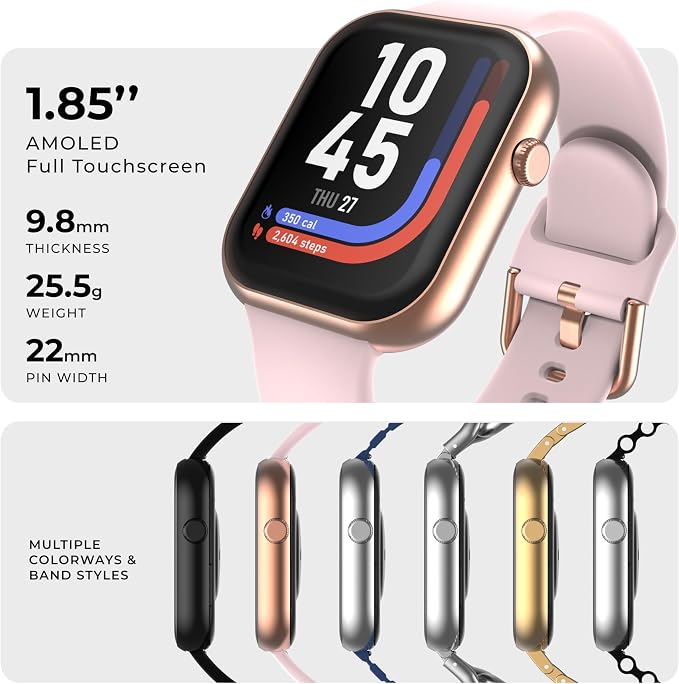 iTouch AIR 5 Smartwatch, 1.85" AMOLED Display, Bluetooth Calling, 100+ Sports Modes, Heart Rate, SpO2, Sleep & Stress Tracking, Water Resistant, 7-Day Battery Life, for Android & iPhone