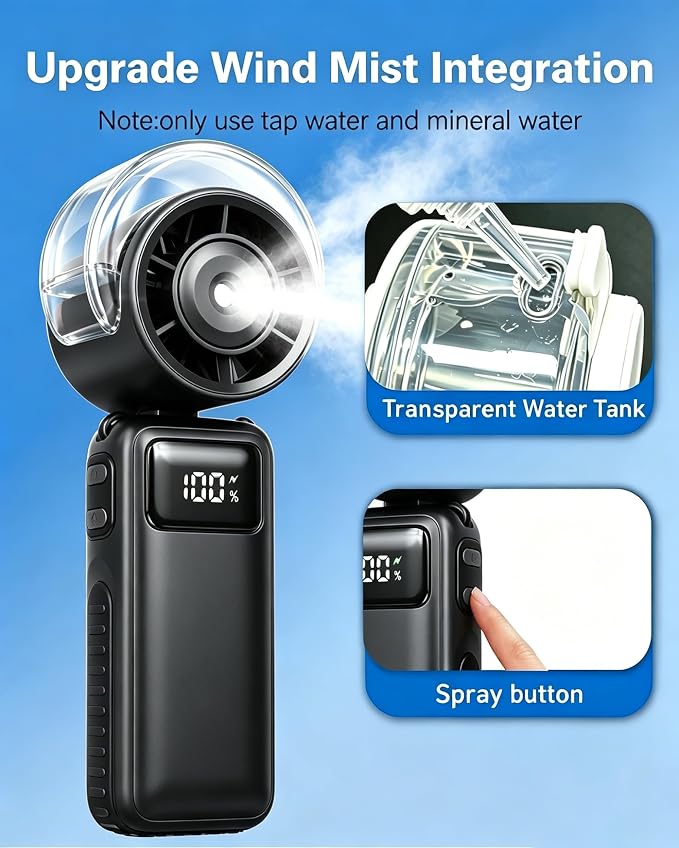 Handheld Portable Air Conditioners Fan -6000mAh Rechargeable Personal Fan Air Cooler,5 Speed Foldable Mini Water Spray Cooling,Turbo Hand Mist Fan for Outdoor,Travel,Beach,Camping,Golf,World Cup-Black