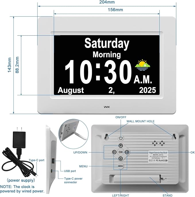 SSYA Dementia Clocks with Day and Date for Seniors,13 Alarms Custom Reminders, Extra Large Digital Calendar Clock for Elderly. (White)