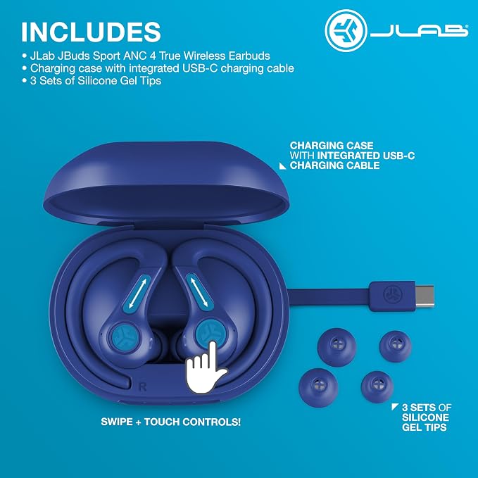 JLab, JBuds Sport ANC 4, True Wireless Earbuds, Active Noise Cancelling, Bluetooth, Multipoint Connect, Cobalt Blue