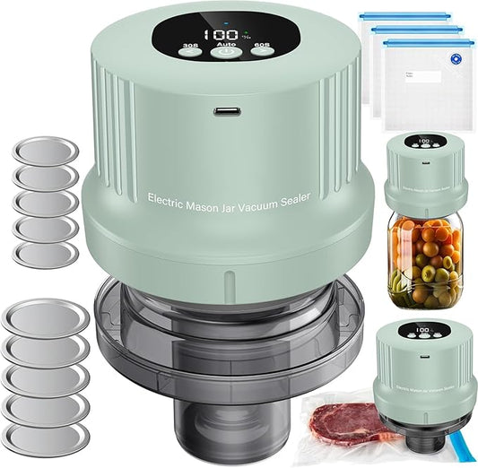 Mason Jar Vacuum Sealer Kit-Full-Automatic-Jar-Sealer-Vacuum-Sealing,3 in 1 Cordless Canning Jar Vacuum sealer with Wide&Regular Mouth Mason Lids/Reusable Vacuum Bags/Food Saver Vacuum Sealer for Jars
