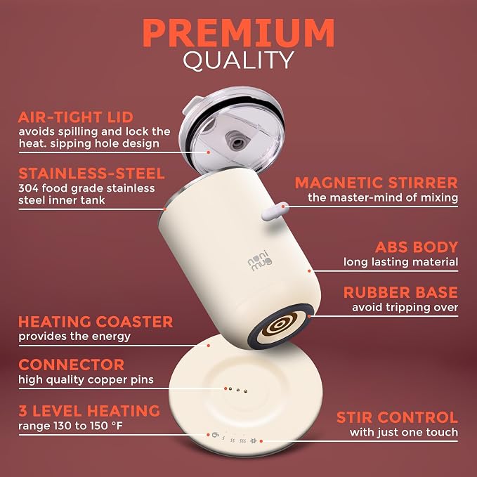 Self Stirring Coffee Mug- 10 Oz No Batteries Smart Dual Function 3 Temperature Levels Control to Stir & Heat Beverages - Powerful 12V Charger Airtight Lid bElectric Cup in a Gift Box (White)