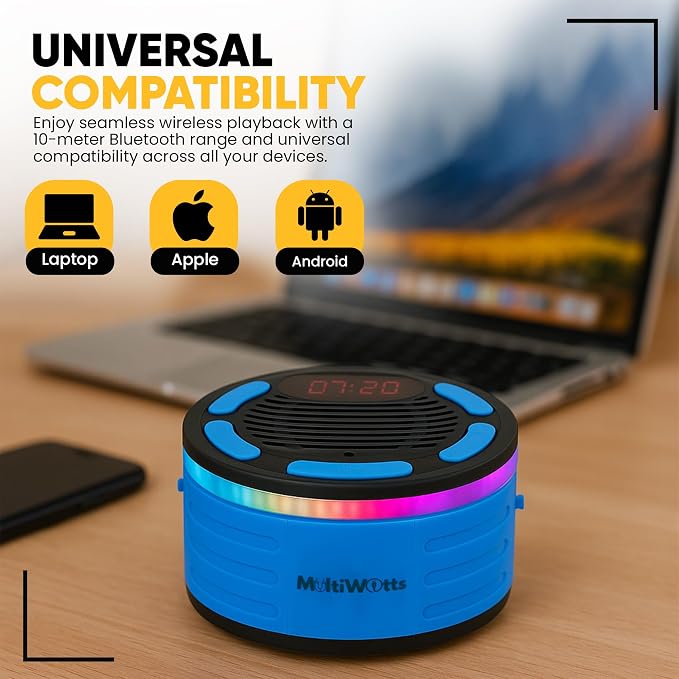 IPX7 Waterproof Portable Bluetooth Speaker with Digital Watch, for Shower, Pool, Beach, Bike, Includes MTB Handlebar Holder, Suction Cup & Carabiner, RGB Lights, FM Radio, USB-C - Gifts