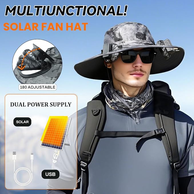 Solar Fan Hat, Wide Brim Sun Hat with 2 Built-in Solar Fans, UPF 50+ Sun Protection Outdoor Fishing Hiking Camping Beach