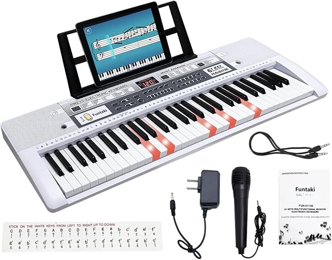 61 Key Electronic Keyboard Piano with Lighted Up Keys, Musical Mini Keyboard Piano with keyboard stand, Digital Portable Synthesizer Keyboards for Beginners Kids Adults (white)