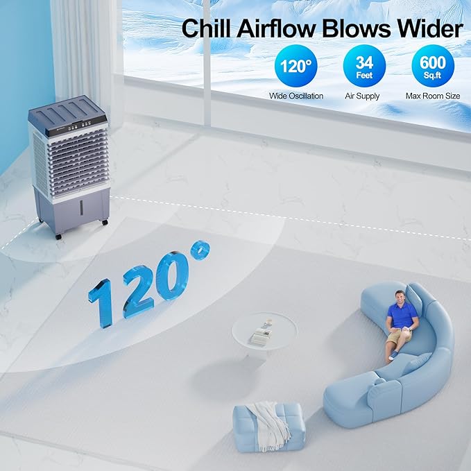 Uthfy 1800 CFM Swamp Cooler, 5.3 Gal Evaporative Air Conditioner, 3-IN-1 Portable Air Cooler with 6 Ice Packs, Remote, 12H Timer, 120° Oscillation, Cooling Fan with 3 Speeds for Bedroom Home Office