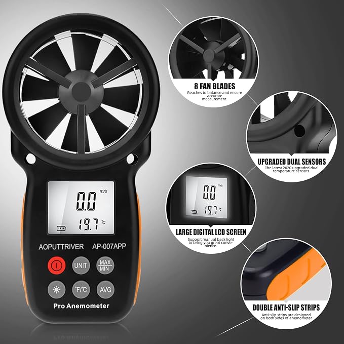 Digital Anemometer Bluetooth, Air Flow Velocity Meter Measuring Wind Temperature Wind Chill Gauge Tester, Handheld Wind Speed Meter for Outdoor Sailing Shooting Golf-AP-100APP