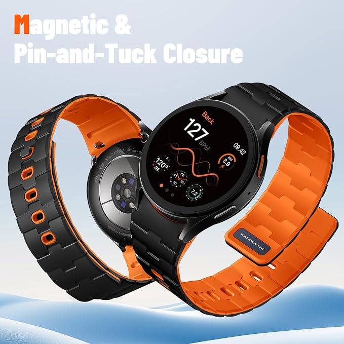 Bandletic Strong Magnetic Bands Compatible with Samsung Galaxy Watch 7/FE/6/5/4 Band 40mm 44mm/Galaxy Watch 5 Pro 45mm/Watch 6 4 Classic 42mm 46mm 43mm 47mm, 20mm Silicone Strap for Women,Black/Orange