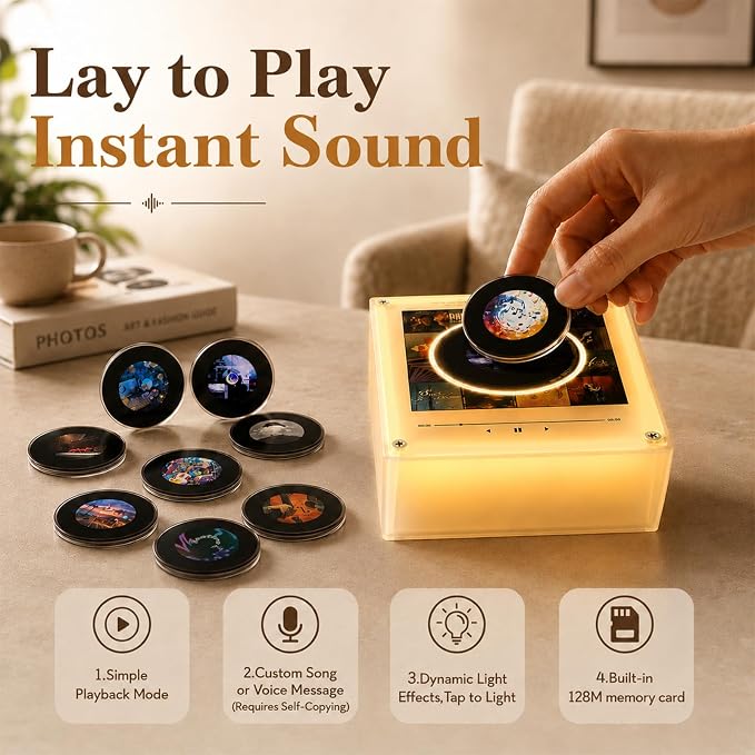 Music Refrigerator Magnets with NFC Records Player Set, Include 9 Programmable Retro Vinyl Records Refrigerator Magnets, 128M Music Player with Light for Fridge or Desktop, Unique Musical Gift