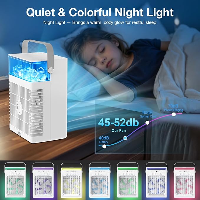Portable Air Conditioners, 3-1 Mini AC Unit with Remote, 4 Speeds Small Air Cooler With 2 Mist Modes, 2 Cooling Modes,Timer,7 Lights, USB Powered Cooling Fan for Bedoom Car Camping Office