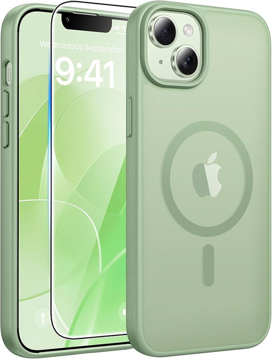 FNTCASE for iPhone 15 Plus Case: for iPhone 14 Plus Case [Compatible with Magsafe] Translucent Matte Cases with [Screen Protector] Military Grade Shockproof Protective Phone Cover - Light Moss