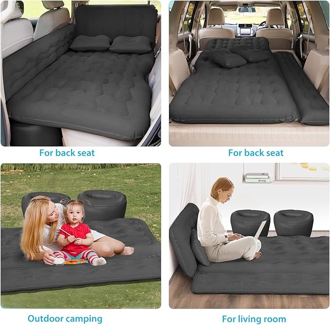 Car Bed SUV Air Mattress, Car Air Mattress with Electric Pump, 2 Inflatable Pillows and 2 Footrests for Back Seat, Side Seat,Trunk Sleeping, Thickened Camping Bed - Black