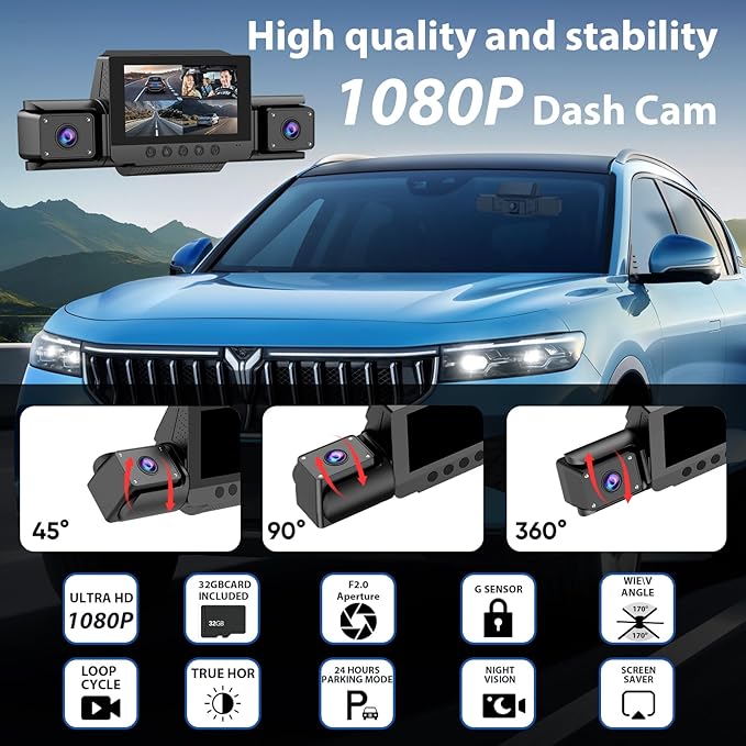 4 Channel Dash Cam 360° View,1080P Front and Rear Inside Left Right,Full HD Dash Camera for Cars,Included 32GB Card,Built-in 5G WiFi GPS & APP Control, 3" IPS Screen, 24H Parking Mode