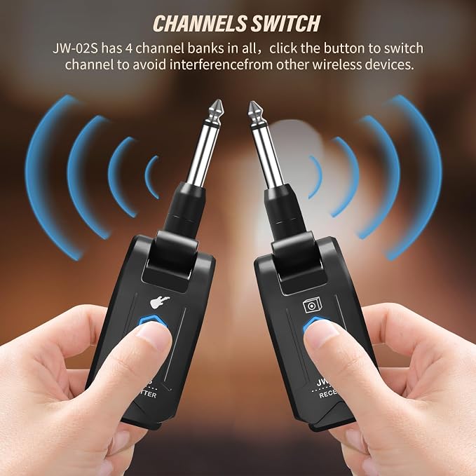 JOYO 5.8GHz Wireless Guitar System Rechargeable Transmitter Receiver with 4 Channels, Low Latency, 48kHz/24Bit, 65ft Range, 6 Hour Battery for Electric Guitar & Bass (JW-02S)