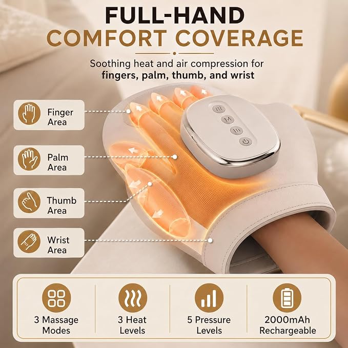 Hand Massager with Heat and Compression, Cordless Electric Hand Massager for Arthritis & Carpal Tunnel Relief, 3 Massage Modes 5 Intensity Levels, Portable Finger Palm Wrist Therapy Glove,Gift