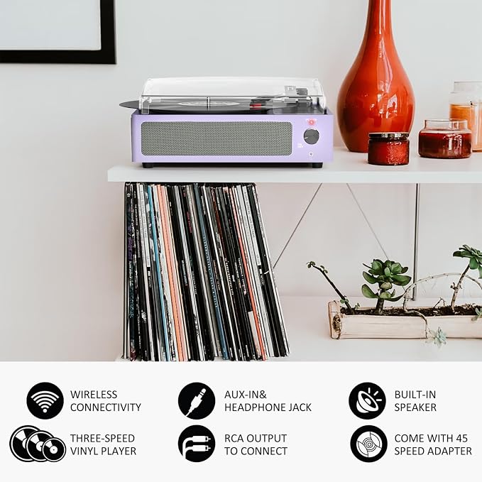Turntable Vinyl Record Players New Sleek Turn Tables with Speakers Belt-Driven All-in-one LP Phonograph 3-Speed Bluetooth Wireless Playback Headphone AUX RCA Auto Stop Pale Light Purple