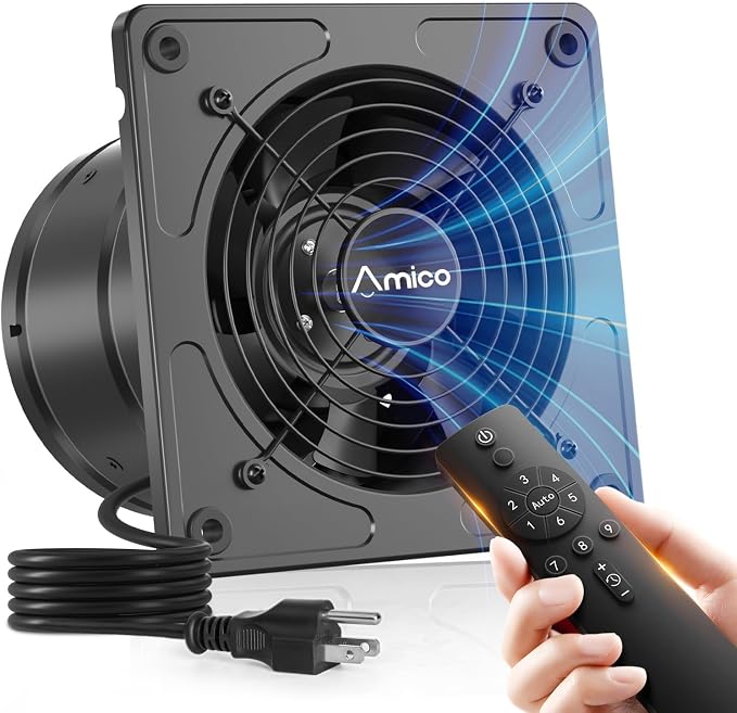Amico 6 Inch Kitchen Exhaust Fan with Remote, 358 CFM High Airflow Extractor Fan, Energy Efficient 10W EC Motor Ventilation Fan for Garage, Attic & Greenhouse, 9-Speed, Timer, Low Noise 50dB,FCC,Black