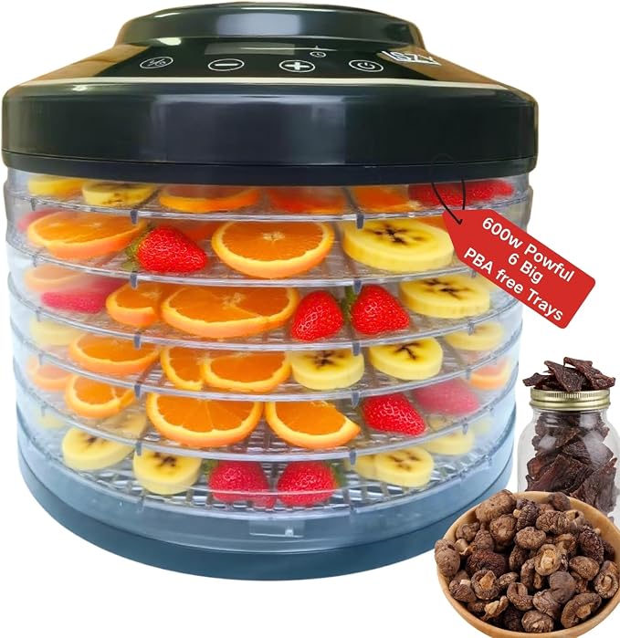 Food Dehydrator Machine for Mushroom,6 Trays Jerky Dehydrator Machine with 24H Timer, 600W 158°F Food Dryer Dehydrator for Meat, Herbs, Meat, Fruit,Dog Treats (Black)